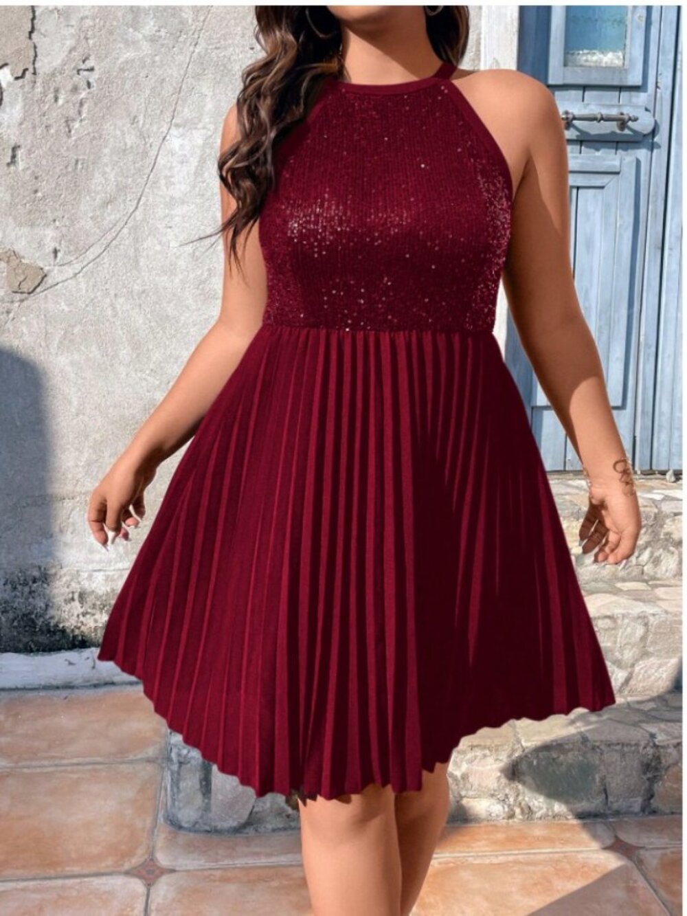 SHEIN Clasi Plus Contrast Sequin Pleated Hem Halter Neck Dress, Burgundy 3XL